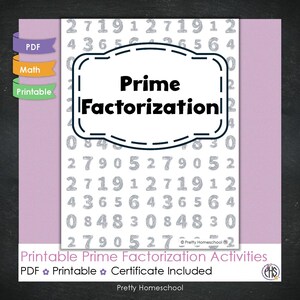 Puede incluir: Una hoja de trabajo imprimible para aprender la factorización prima. La hoja de trabajo presenta un fondo rosa con un borde blanco y una ilustración en blanco y negro de un globo de diálogo con el texto "Factorización prima". El fondo está lleno de un patrón de números.