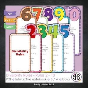 May include: Colorful printable cards with divisibility rules for numbers 2 through 10. Each card features a number, a rule, and examples. The cards are designed for an interactive notebook.