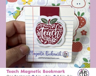Marcapáginas magnético de manzana roja – Diseño "Teach" - Colección de papelería Apple - Regalo de agradecimiento para madres que educan en casa y maestras