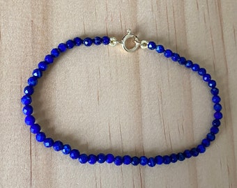 Solid 9CT Yellow Gold Handmade Natural Faceted Blue Lapis Lazuli Crystal Gemstone Micro Minimalist Beaded Bracelet