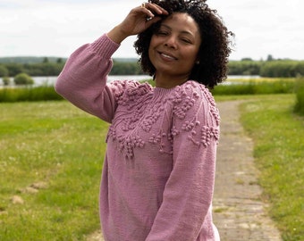 Hand-Knitted Merino Wool and Modal Sweater with Delicate Plant Pattern