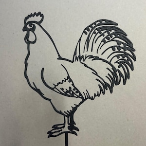 May include: Black metal silhouette of a rooster with a long tail, standing on a black metal rod.