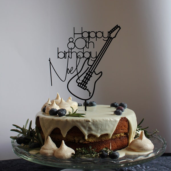 Topper per torta per chitarra, chitarra per età con nome personalizzato, tema chitarra, tema Rock and Roll, Topper personalizzato, decorazione di buon compleanno, articolo stampato in 3D
