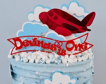 Personalised Cake Topper Set, Airplane in Clouds and Custom-made 3d printed Name Topper, Birthday Cake Topper, Custom made Name and Design