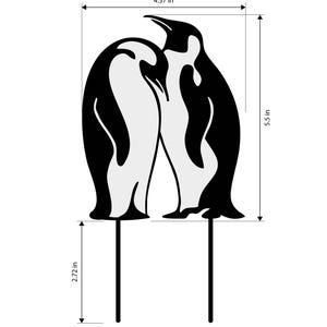 May include: Black and white silhouette of two penguins standing back to back on 2.72 inch tall sticks. The penguins are 4.37 inches wide and 5.5 inches tall.