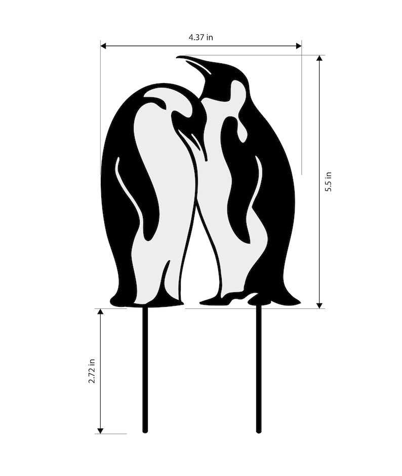 May include: Black and white silhouette of two penguins standing back to back on 2.72 inch tall sticks. The penguins are 4.37 inches wide and 5.5 inches tall.