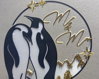 Penguin Couple Wedding Cake Topper – Mr & Mrs or Personalized Text