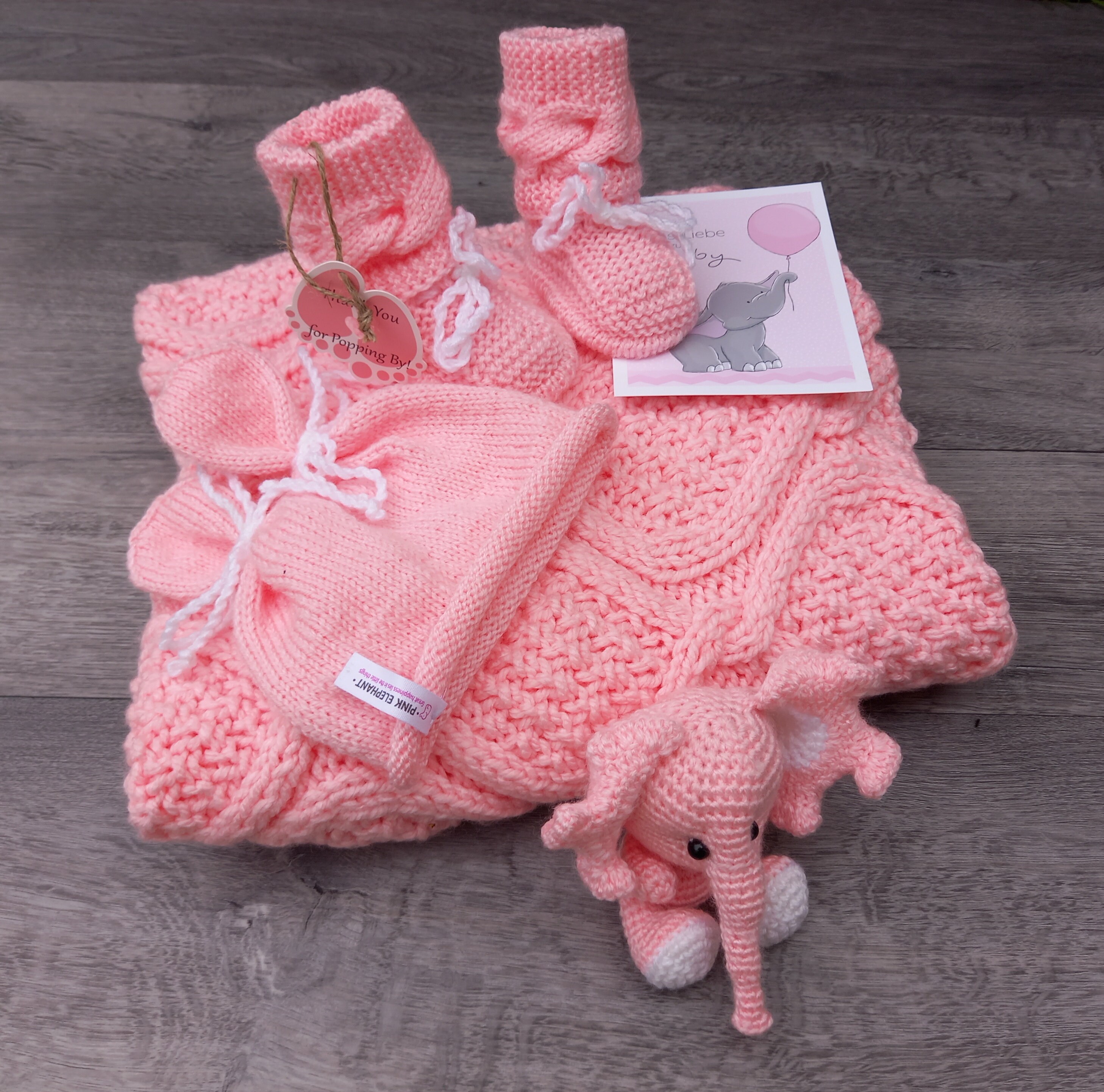 Newborn Gift Set .pink Knitted Baby Blanket, Booties, Hat and Elephant ...