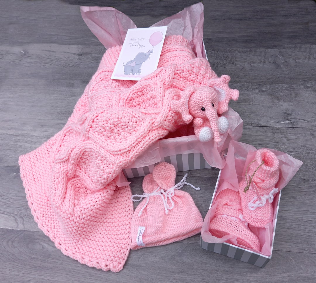 Newborn Gift Set .pink Knitted Baby Blanket, Booties, Hat and Elephant ...