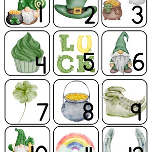 May include: Twelve illustrated St. Patrick's Day themed images with numbers 1 through 12. The images include a leprechaun, a pot of gold, a rainbow, a shamrock, a cupcake, a hat, a horseshoe, and a shoe.