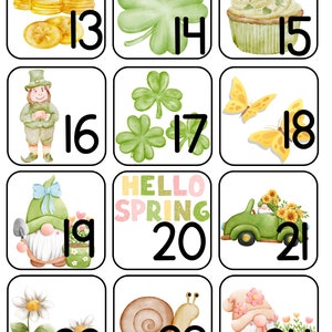 May include: A set of 12 colorful square cards with numbers 13 through 24. Each card features a different illustration related to spring and St. Patrick's Day, such as a pot of gold, shamrocks, a leprechaun, a cupcake, butterflies, a gnome, a snail, and a car.