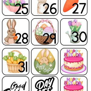 May include: A colorful calendar with illustrations of a bunny, carrots, a watering can, a basket of eggs, and a cake. The calendar includes the dates 25 through 31, with the words "Good Friday" and "Day Off" on the last two days.