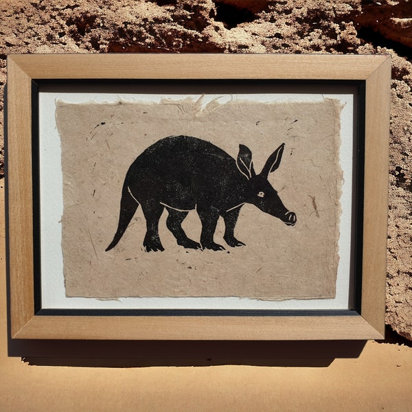 Erdferkel Original Linolschnitt Linoldruck Blockprint Aardvark handgedruckt 10x15 cm Zoo Wildlife umweltfreundliches Geschenk Naturpapier