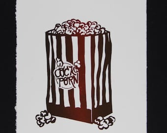 Original lino print Popcorn "Cockporn" pun A5 (21 x 15 cm) Kino Date