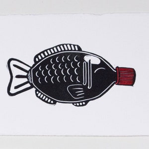 Sojasaucenfisch Sushi Original Linoldruck Wandkunst Soyfish Linolschnitt 10x15 cm Blockprint  Handgedruckt Handgemacht Gyotaku Japan süß
