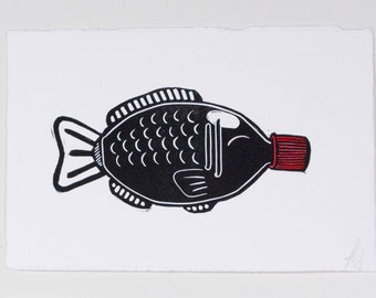 Soy sauce fish Sushi Original linocut wall art Soyfish linocut 10 x 15 cm block print Hand printed Handmade Gyotaku Japan cute