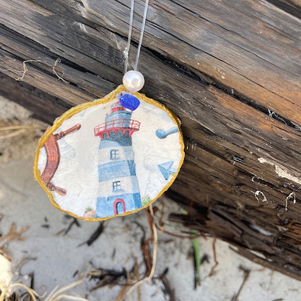 Handmade Maine Decoupage Decorative Oyster Shell, has a Lighthouse with Authentic Maine Sea glass