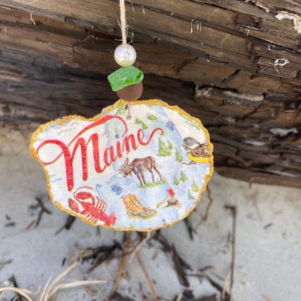 Handmade Maine Decoupage Decorative Oyster Shell with Authentic Maine Sea glass