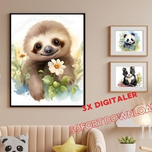 Descarga digital instantánea, 3x imágenes digitales, cuadros infantiles, panda, perezoso, zorrillo, carteles infantiles, carteles de animales, cuadros habitación infantil, regalo
