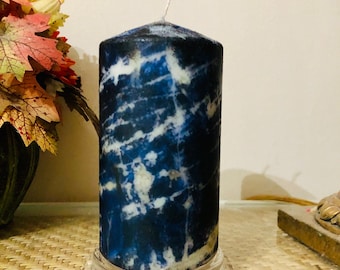 Handmade 5.5 inch abstract marble pillar candle with midnight sea spa fragrance oil