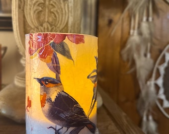 May include: A glass candle holder with a floral and bird design. The candle holder is lit and the light shines through the design. The candle holder is on a wooden surface.