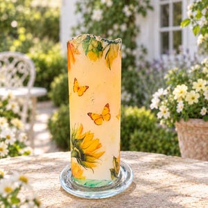 May include: A cylindrical glass candle holder featuring a printed design of vibrant yellow sunflowers and orange butterflies against a soft, translucent cream background, resting on a clear circular glass base with a textured, uneven top rim.