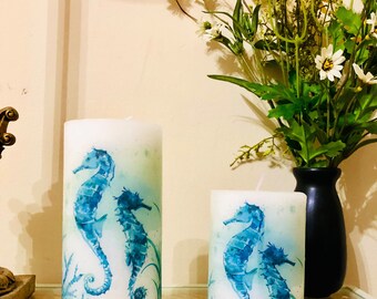 6 inch tall and 4 inch tall Sea Horse pillar candle set with sugar sand beach fragrance oil. FREE SHIPPING