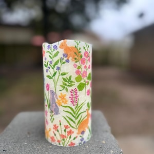 Free Shipping 6 inch tall Rustic Easter bunny and floral LED flameless pillar candle Optional  Auto on/off timer Batteries included