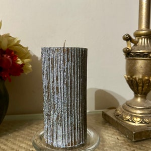6 inch tall ribbed brown glitter shimmering sparkling silver pillar candle with scented or unscented