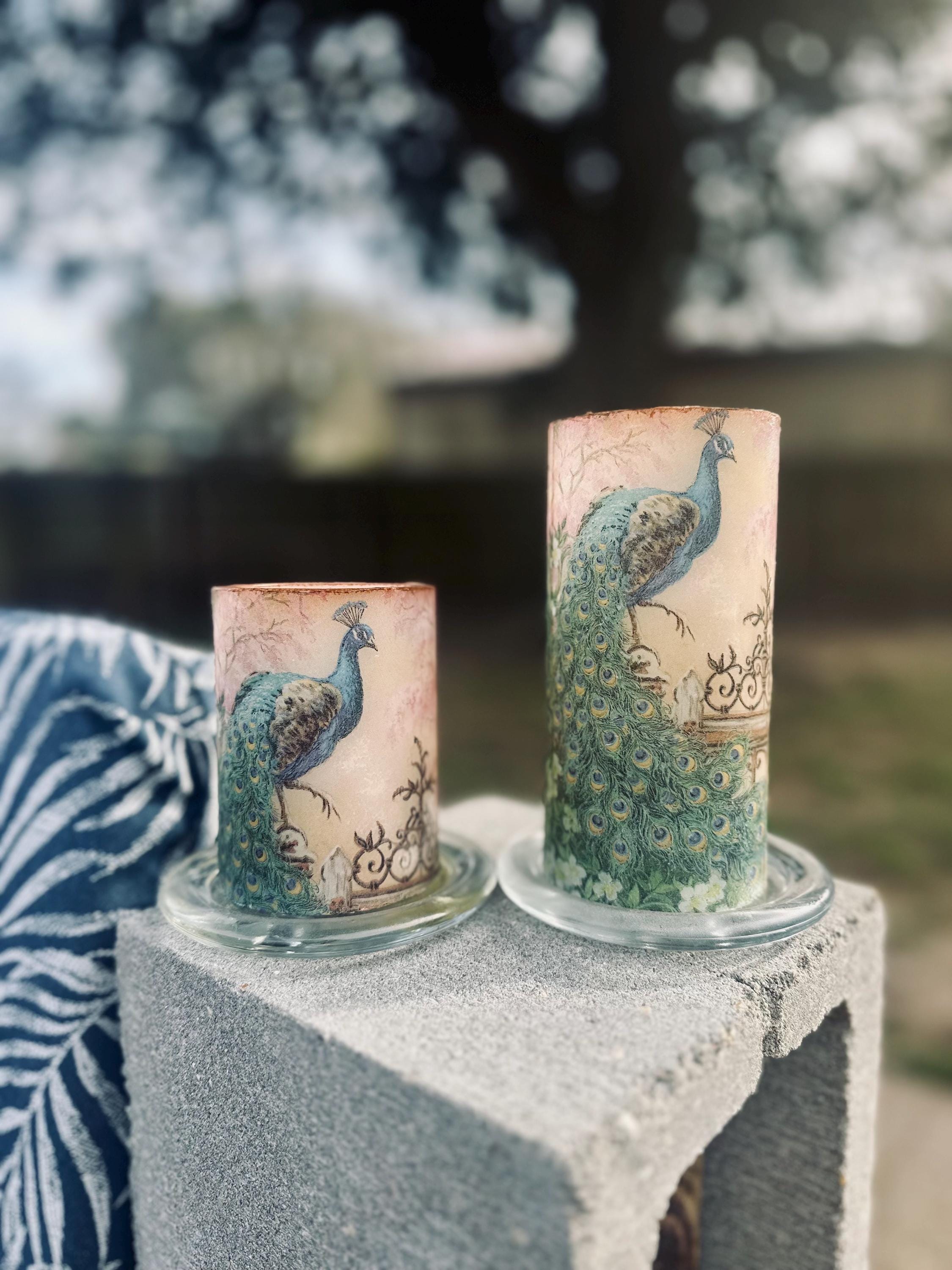 6 inch tall and 4 inch tall peacock flameless candle on/off switch and timer setting fast free shipping