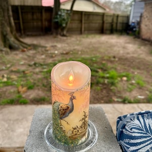 Peacock Flameless Candle: Shimmering LED Pillar, 8 Inch tall