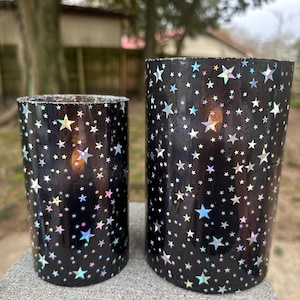 6 inch tall and 5 inch tall glass Midnight Stars glitter Flameless candles with 6 hr built in timer batteries included fast free shipping