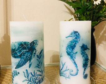 6 inch tall sea horse or sea turtle pillar candle with sugar sand beach fragrance or buy the set oil FREE SHIPPING