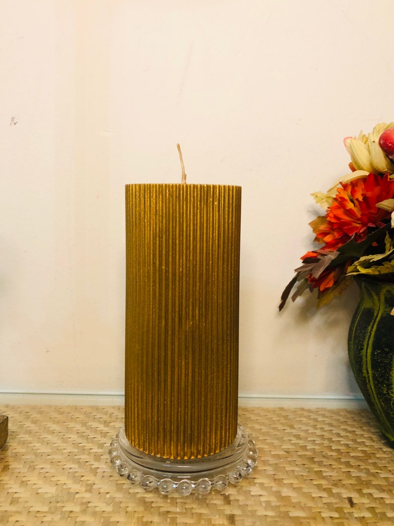 6 Inch Tall Ribbed Brown Shimmering Gold Pillar Candle With Natures