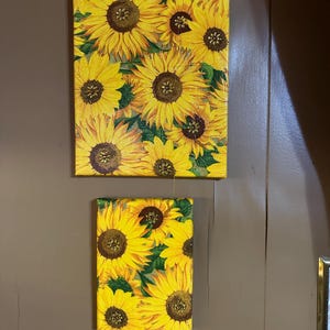 Handmade textured Sunflower wall art 8x10 sequin sunflowers canvas picture Free shipping