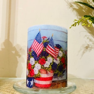 4 inch tall American flag flower bouquet pillar candle pick your scent Free Shipping