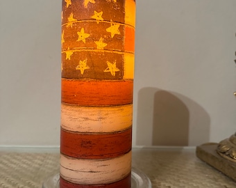 8 inch tall patriotic American flag flameless candle with  vanilla scent with on/off switch and timer batteries included fast free shipping