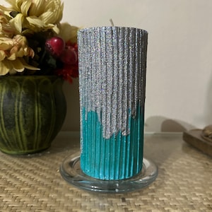 6 inch tall ribbed Aqua and glitter shimmering sparkling silver pillar candle with scented or unscented