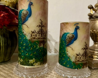 6 inch tall and 4 inch tall peacock flameless candle on/off switch and timer setting fast free shipping