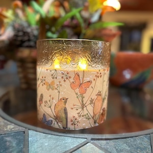 6 inch wide and 6 inch tall birds and butterflies textured glass pillar flameless Candle with built in timer  fast free shipping