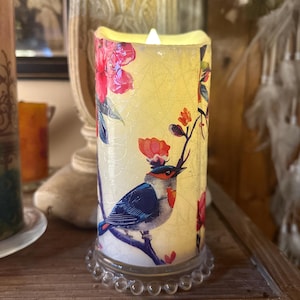 6 inch tall Blue Bird and floral textured indoor/outdoor flameless LED candle w/ on/off switch w/ remote batteries included free Shipping