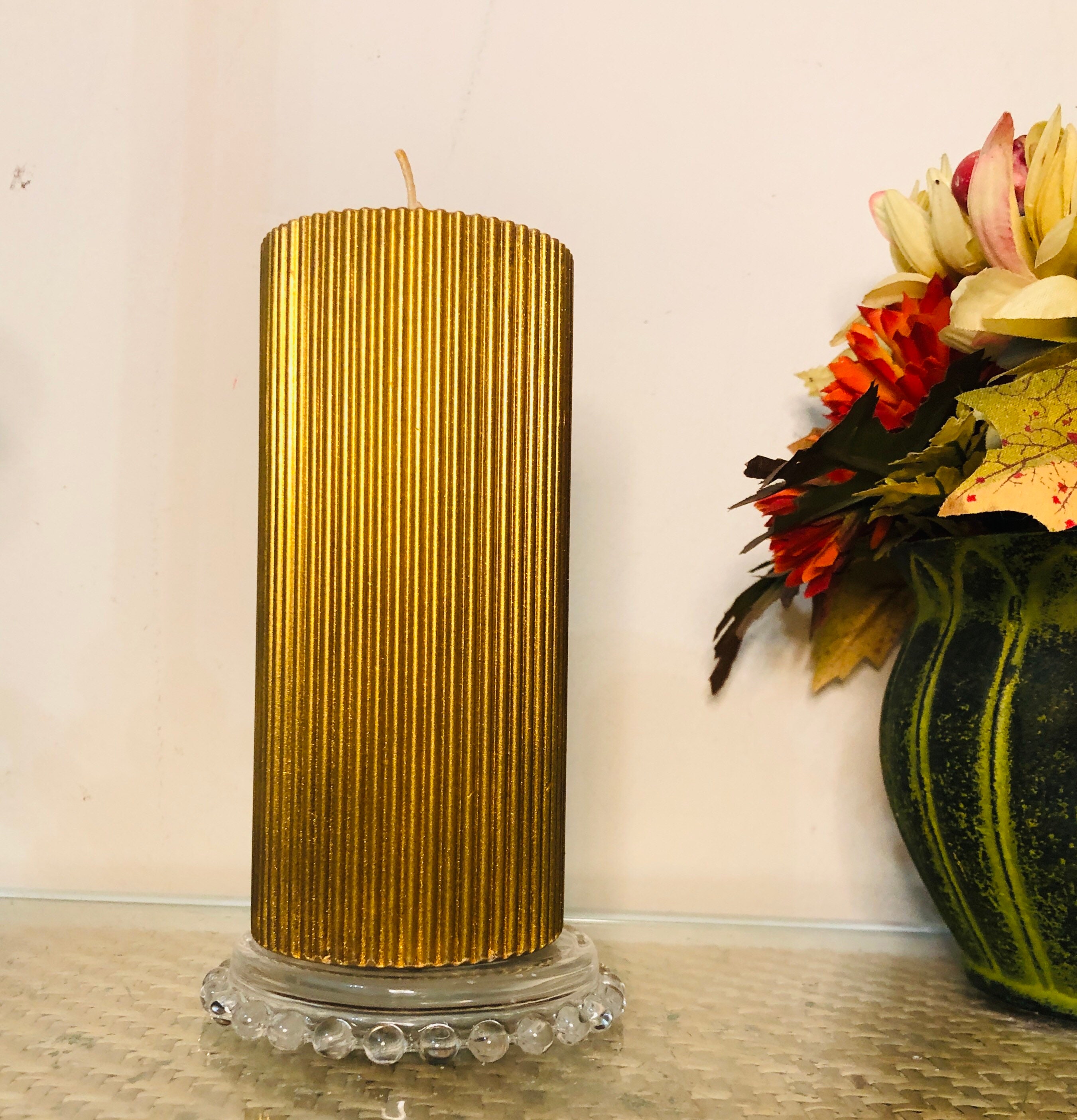 6 Inch Tall Ribbed Brown Shimmering Gold Pillar Candle With Etsy