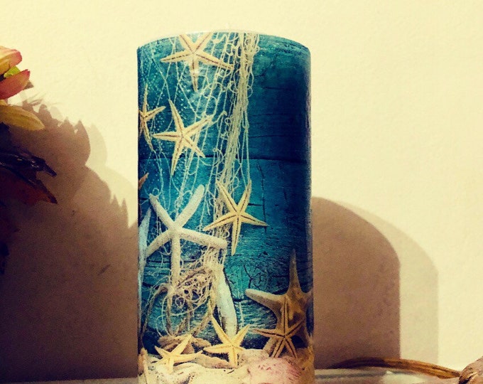 Starfish Seashells Pillar Candle: Beach Home Decor, Sand Fragrance
