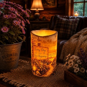 May include: A cylindrical, illuminated candle featuring a printed landscape scene with a wooden sign that reads, "Every Day is a New Beginning." The design includes a butterfly, a path, and flowers, all glowing with a warm, internal amber light.