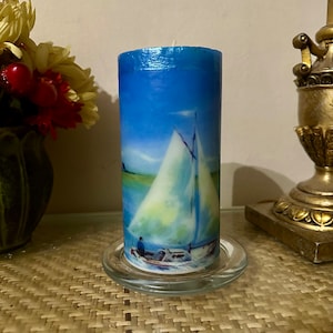 6 inch tall Sailboat pillar candle with coconut citrus fragrance
