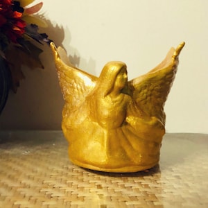 Hand painted ceramic Golden Angel candle holder or keepsake Free Shipping