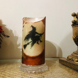 6 inch tall Halloween broomstick witch flameless pillar candle with  canyon woods fragrance batteries included fast free shipping
