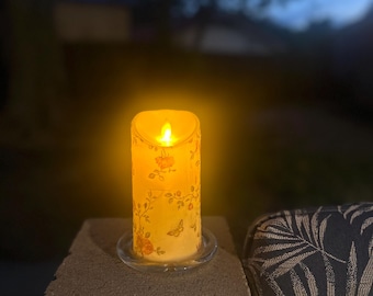 Textured Butterfly and floral Flameless Pillar Candle - 6 Inch