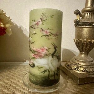 Beautiful Asian Crane birds and flowers flameless candle with timer setting and on/off switch batteries included Fast free shipping