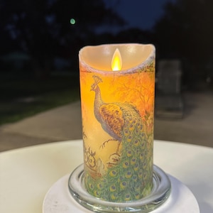 6 inch tall shimmering Peacock flameless candle batteries included free Shipping